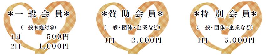 一般会員（一般家庭対象） 1口500円　2口1000円 賛助会員（一般・団体・企業など） 1口2000円 特別会員（一般・団体・企業など） 1口5000円